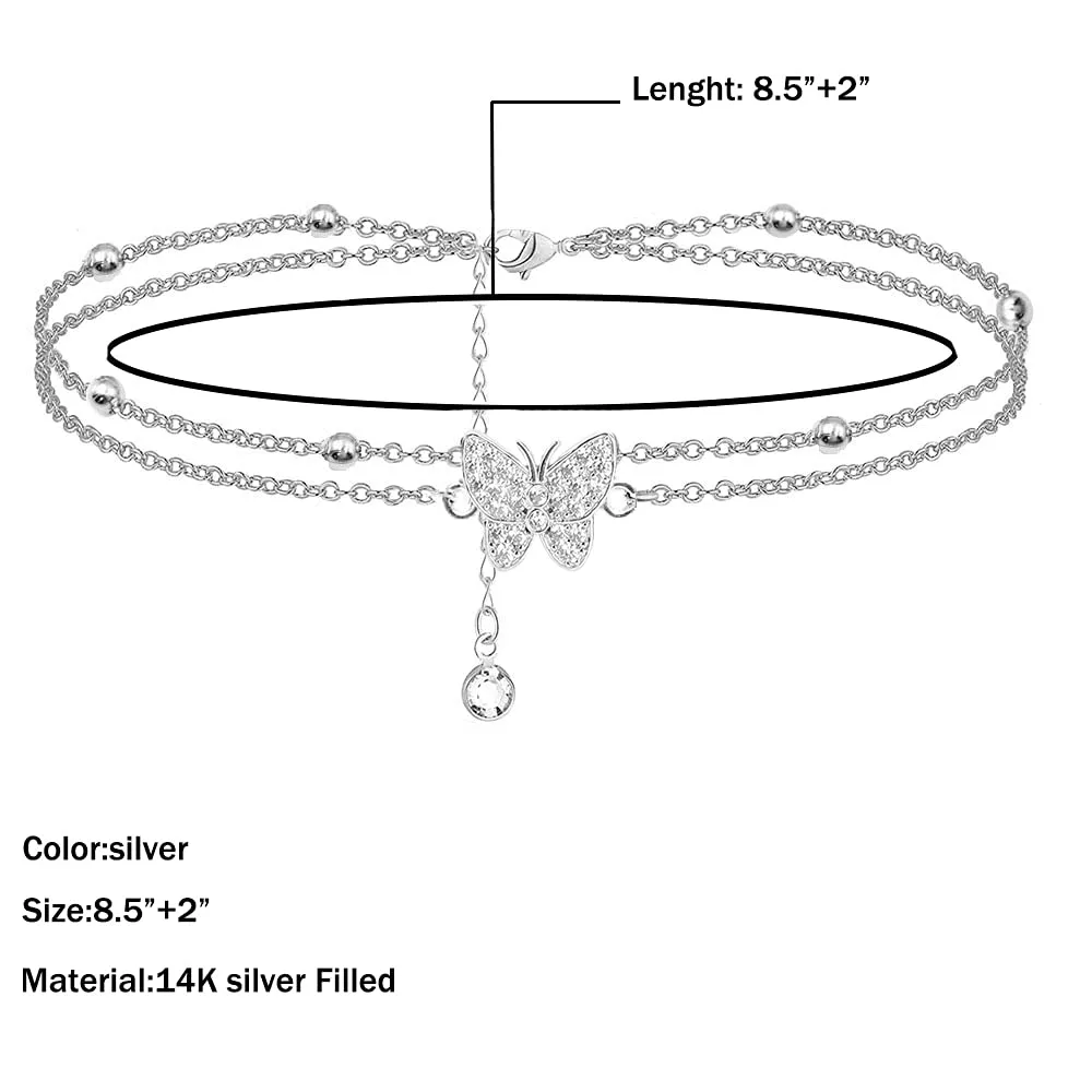 14K Butterfly Silver anklets for Women - Adjustable Layered Women's anklets - Jewelry Anklet Gifts for Women Teen Girls
