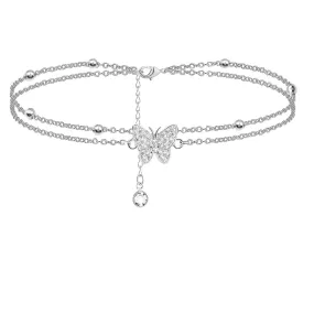14K Butterfly Silver anklets for Women - Adjustable Layered Women's anklets - Jewelry Anklet Gifts for Women Teen Girls