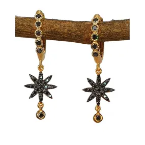 14K Gold Black Diamond Starburst Hoop Earrings - M9779