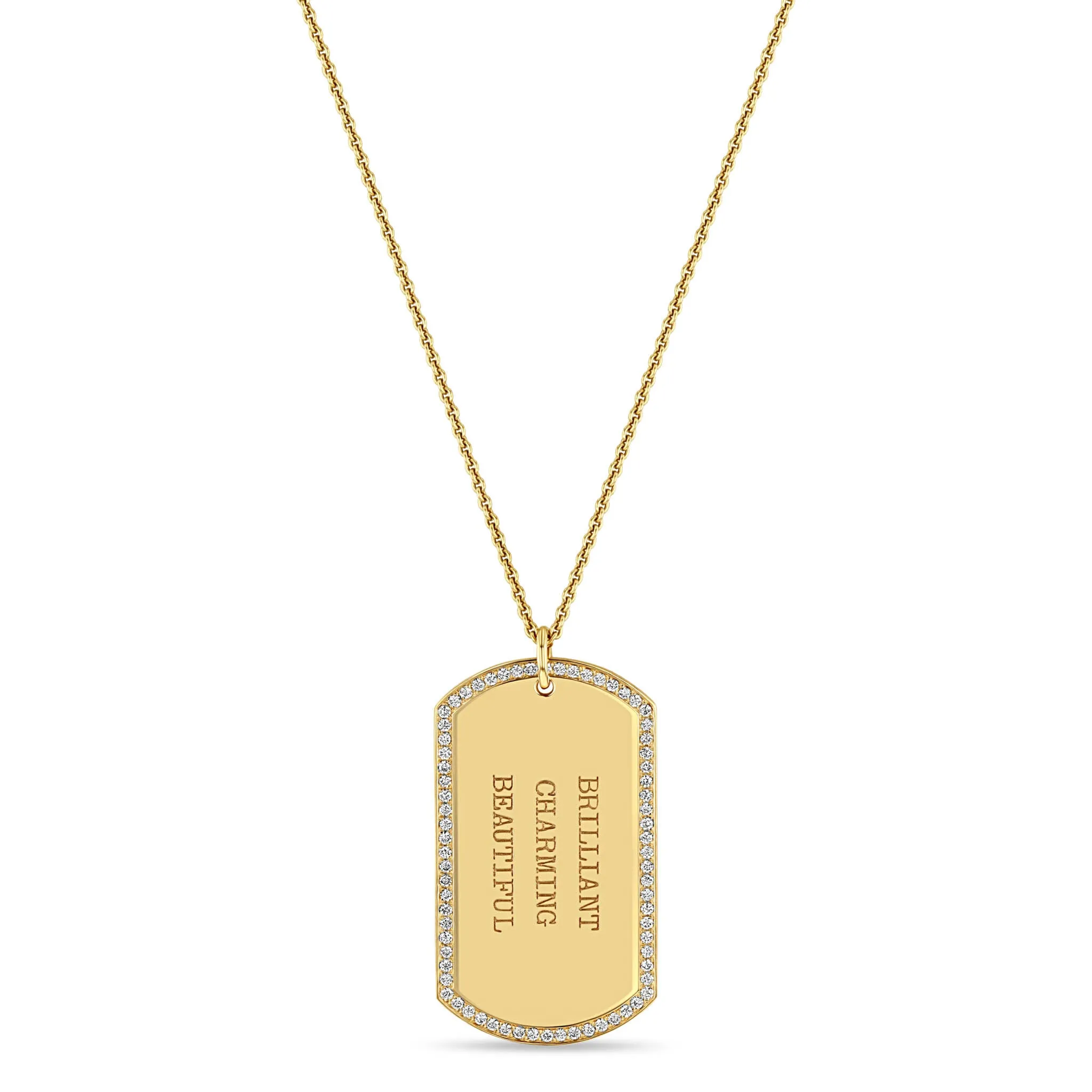 14k Large Engraved Dog Tag with Pavé Diamond Border Necklace