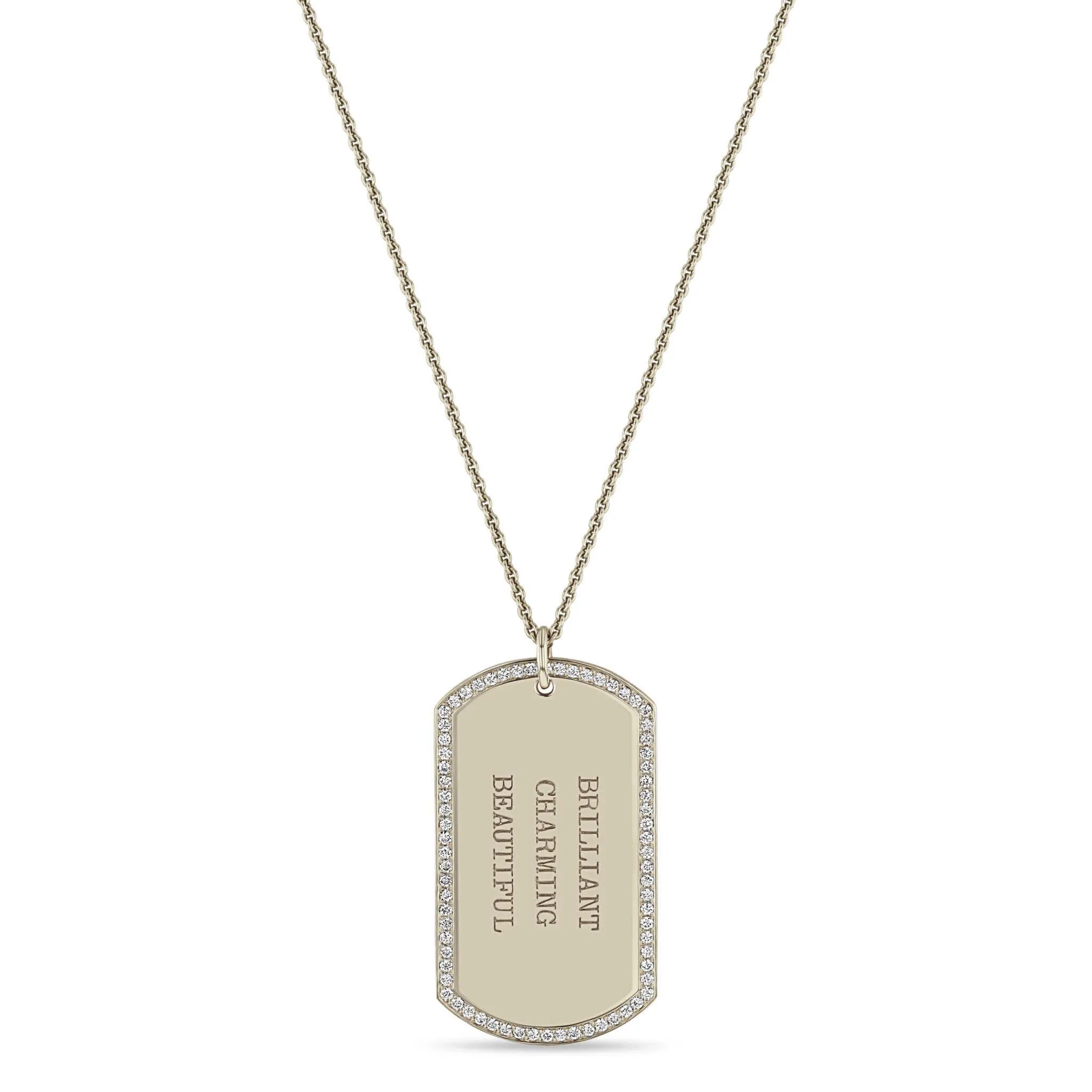14k Large Engraved Dog Tag with Pavé Diamond Border Necklace
