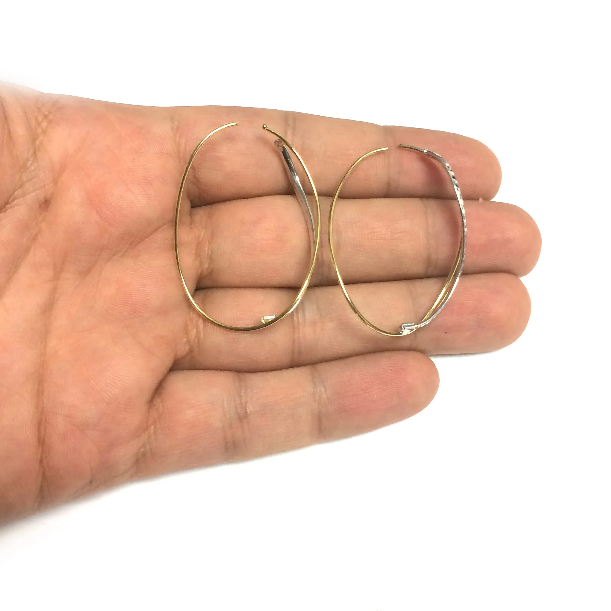 14k Yellow And White Gold Diamond Cut Single Tube Into Double Oval Hoop Earrings
