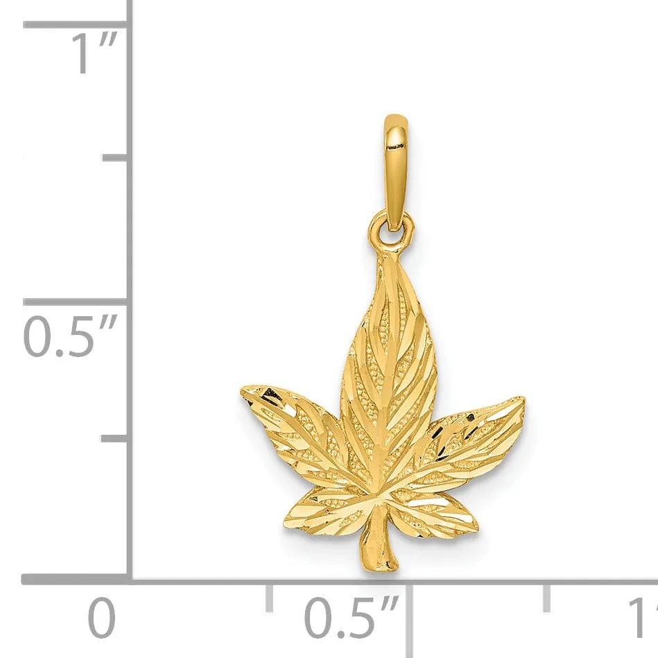 14k Yellow Gold Diamond-Cut Solid Casted Textured Back Polished Finish Leaf Charm Pendant