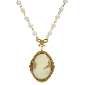 1928 Jewelry Taupe Cameo White Round 6mm Faux Pearl Strand Pendant Necklace 16"   3" Extender