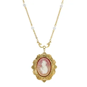 1928 Jewelry Victorian Reflections Carnelian & Ivory Cameo Pendant Faux Pearl Necklace 16"   3" Extender