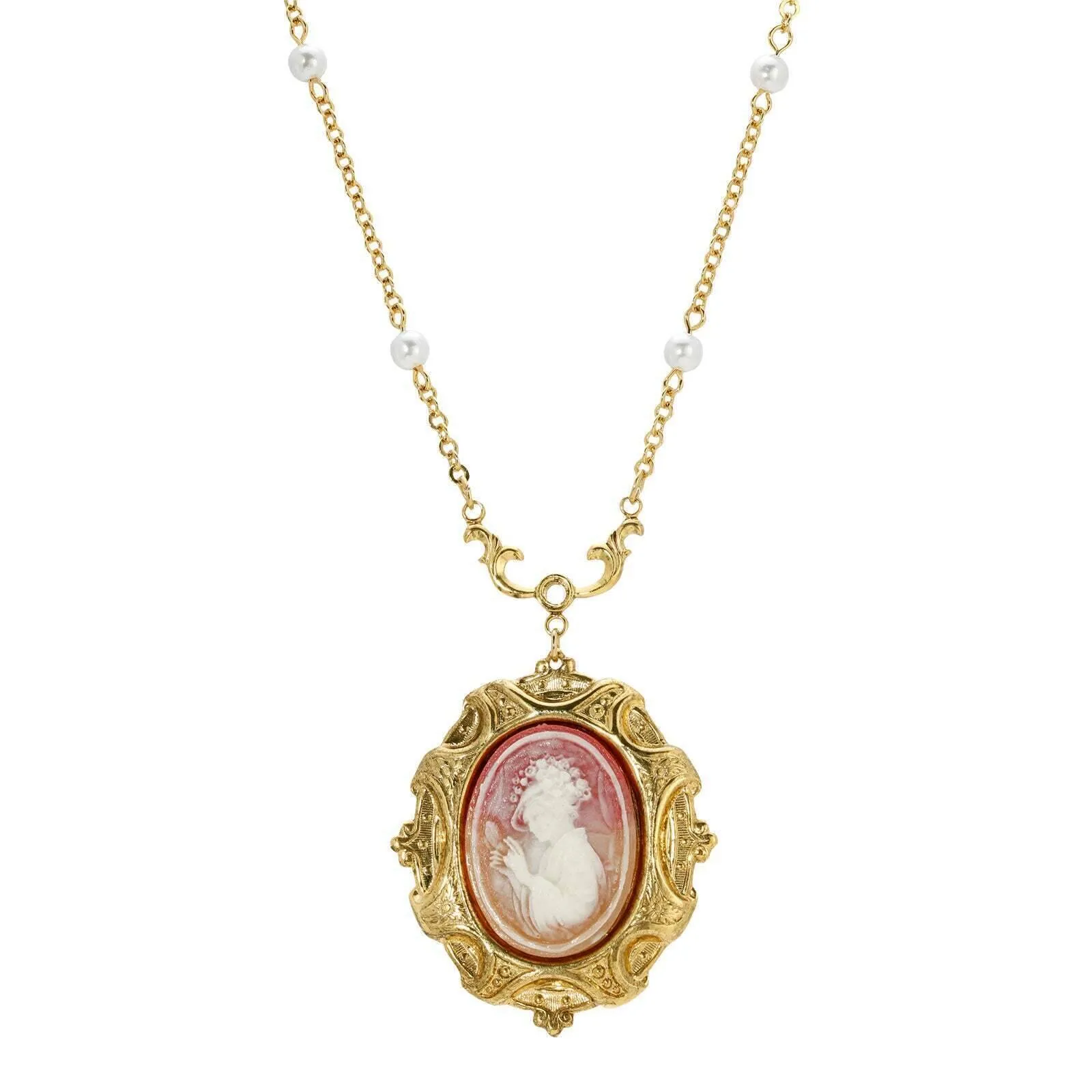 1928 Jewelry Victorian Reflections Carnelian & Ivory Cameo Pendant Faux Pearl Necklace 16"   3" Extender