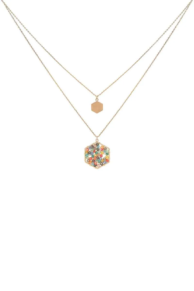 2 Layered Geometric Glass Bead Pendant Necklace