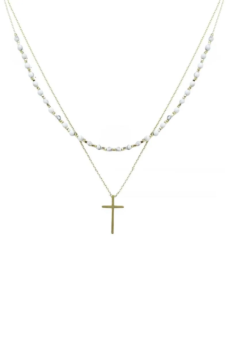 2 Layered Metal Chain Seed Bead Cross Pendant Necklace