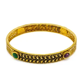 22K  Yellow Gold Bangles Set of 2 W/ Rubies, Emeralds & Antique Finish Mango Leaf Details