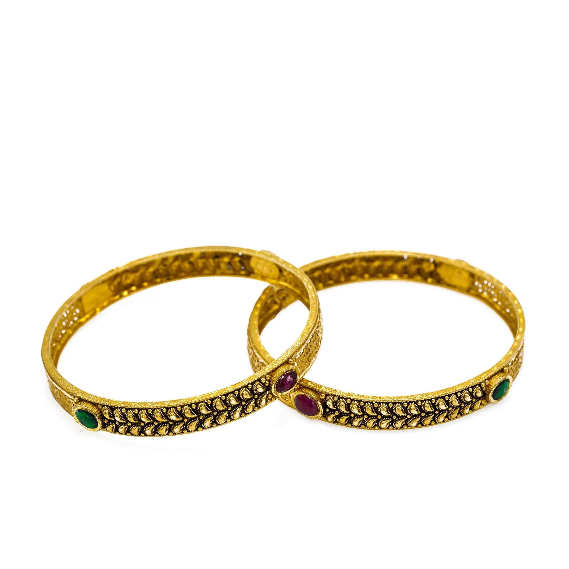 22K  Yellow Gold Bangles Set of 2 W/ Rubies, Emeralds & Antique Finish Mango Leaf Details