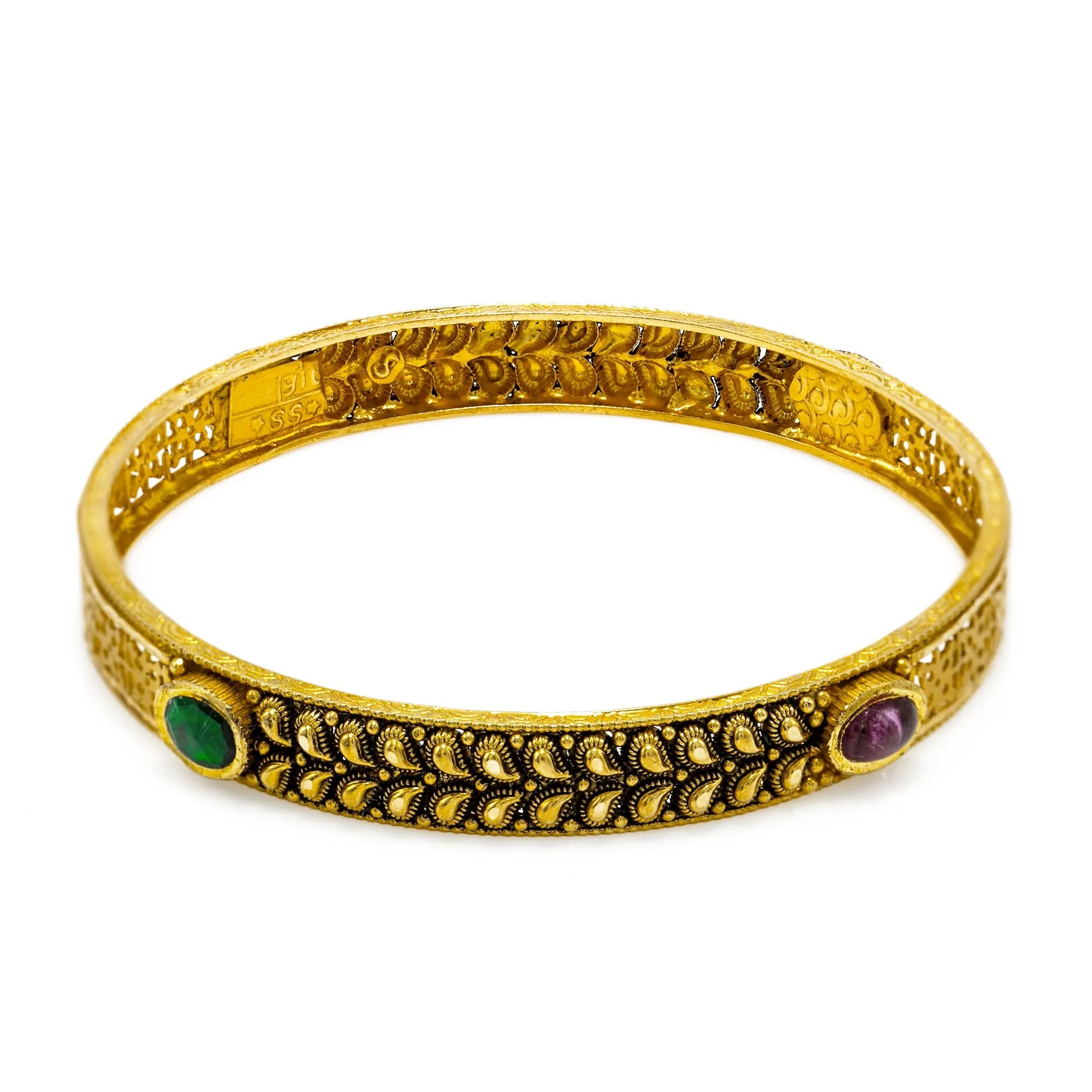 22K  Yellow Gold Bangles Set of 2 W/ Rubies, Emeralds & Antique Finish Mango Leaf Details