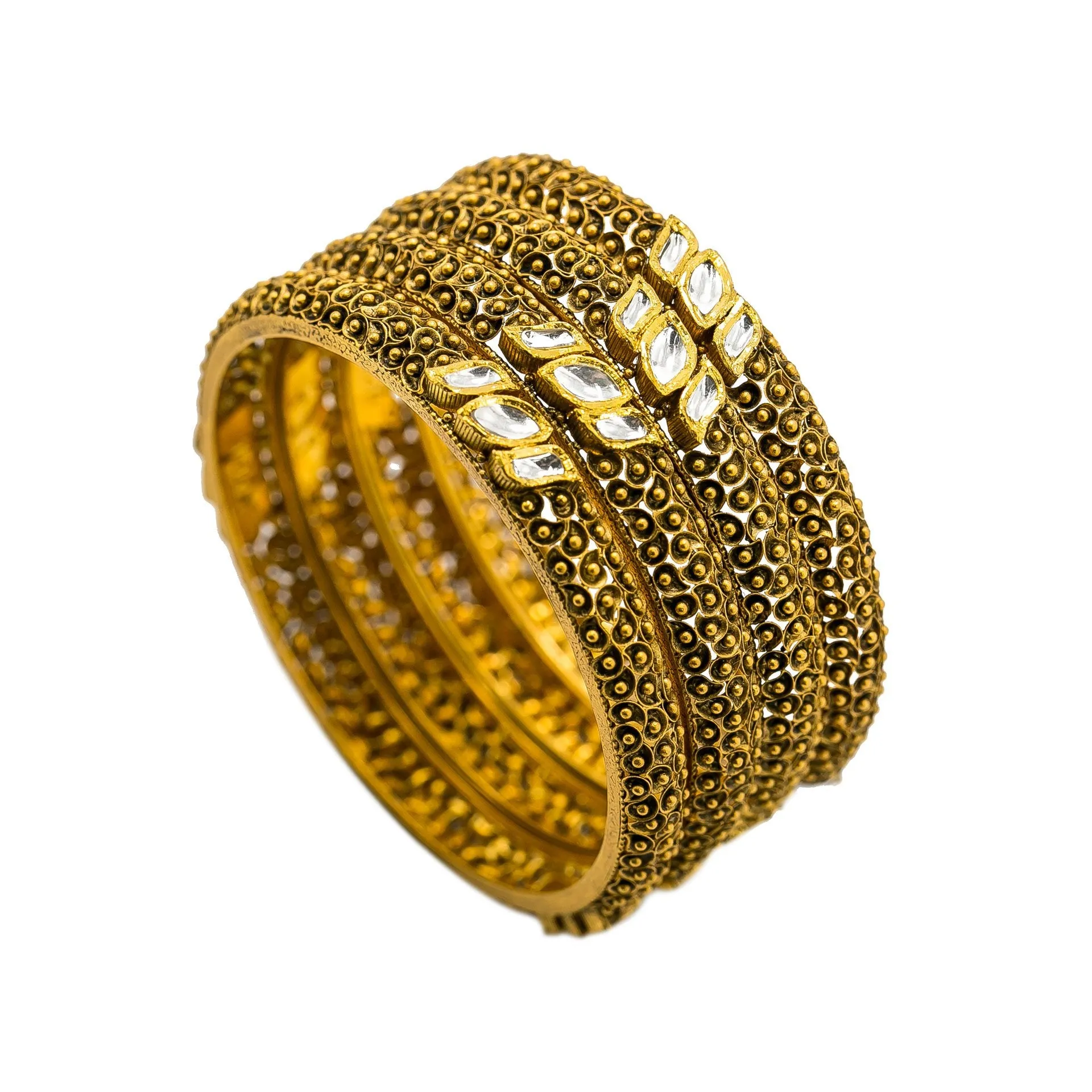 22K Yellow Gold Bangles Set of 4 W/ Kundan & Antique Finish Leaf Designs