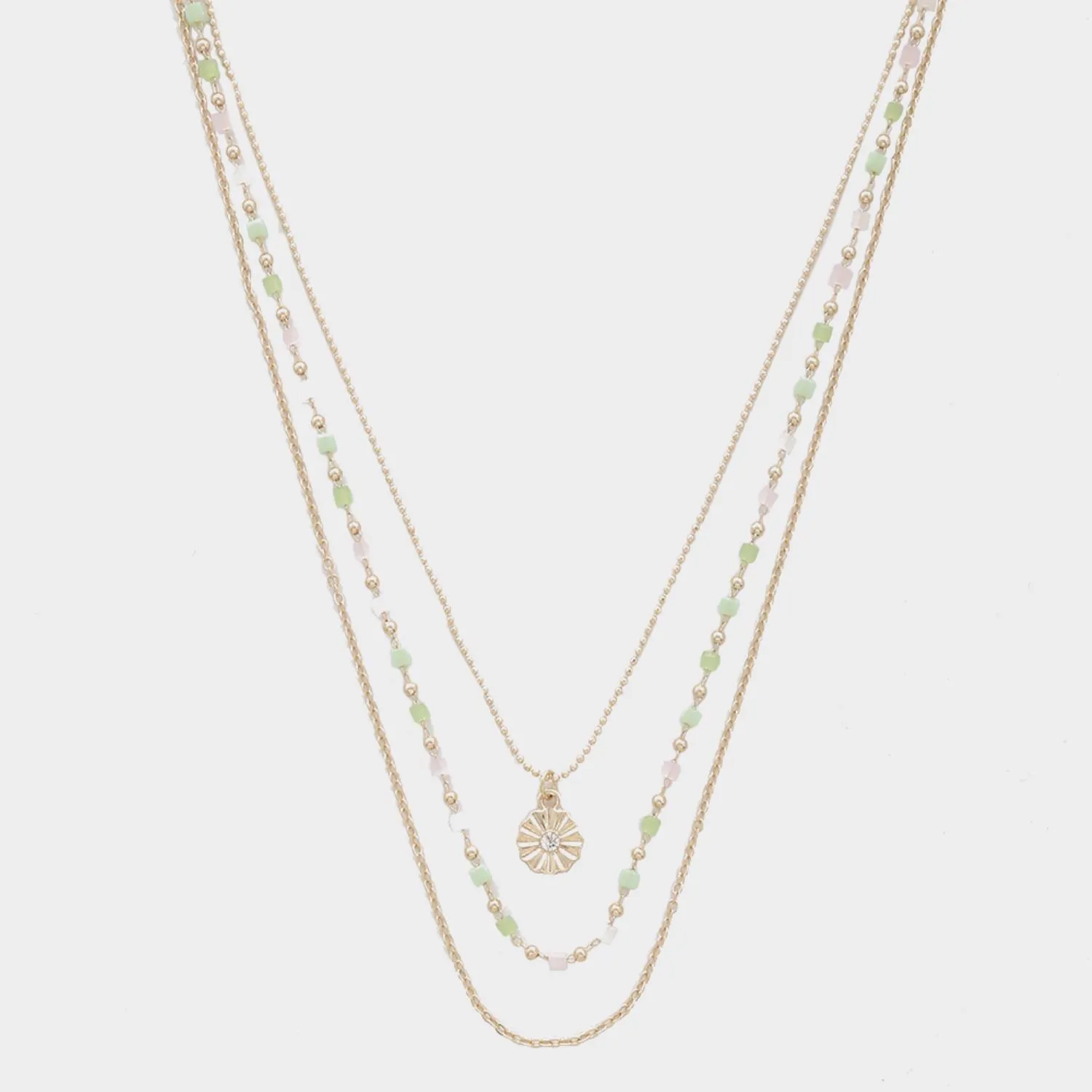3 Layered Metal Glass Bead Chain Pendant Necklace