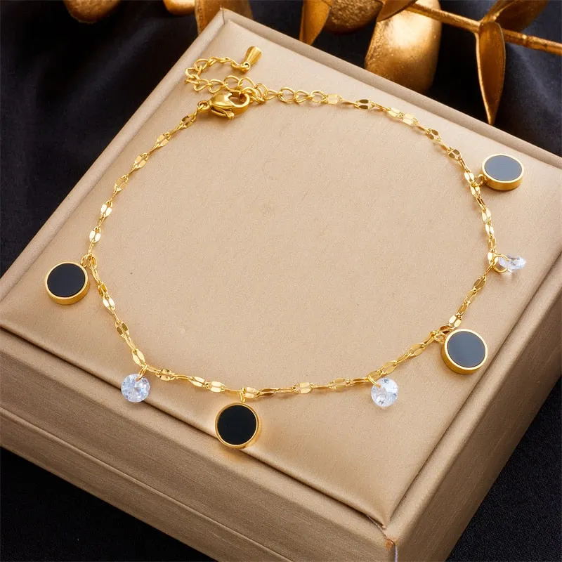 316L Stainless Steel Black Round Charm Anklets For Women