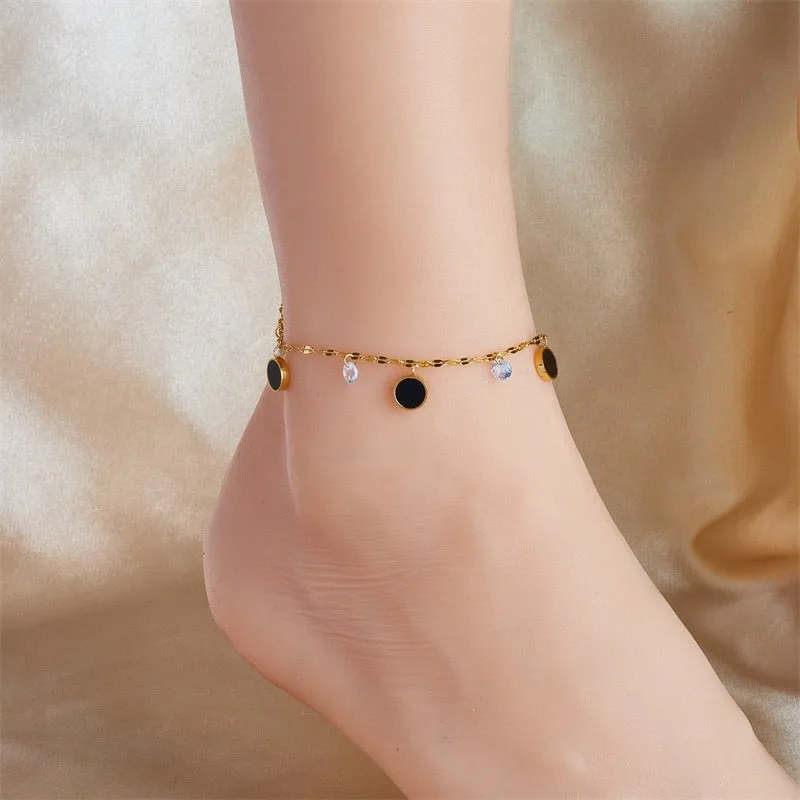 316L Stainless Steel Black Round Charm Anklets For Women