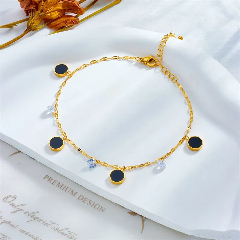 316L Stainless Steel Black Round Charm Anklets For Women