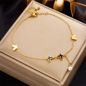316L Stainless Steel Butterfly Pearl Charm Anklets For Women