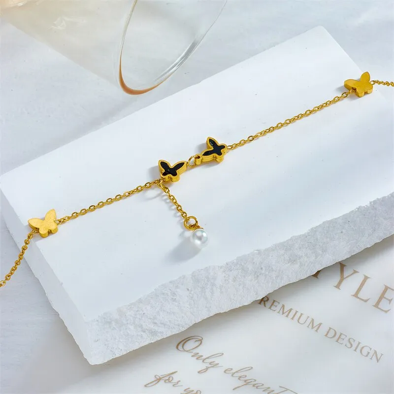 316L Stainless Steel Butterfly Pearl Charm Anklets For Women