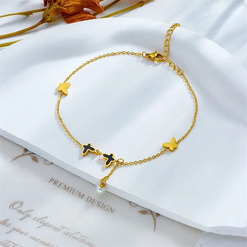 316L Stainless Steel Butterfly Pearl Charm Anklets For Women
