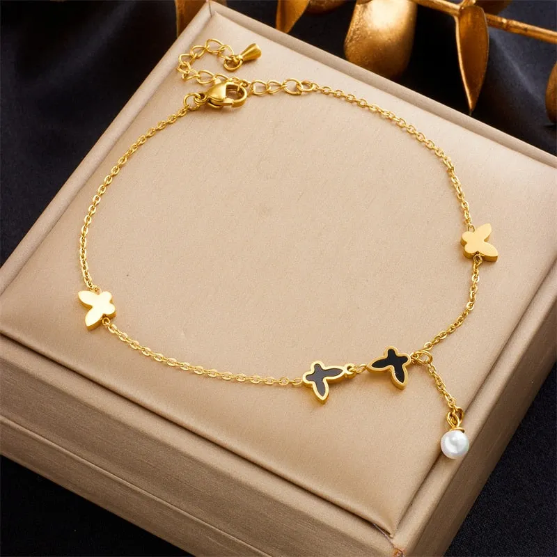 316L Stainless Steel Butterfly Pearl Charm Anklets For Women