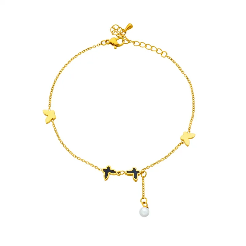 316L Stainless Steel Butterfly Pearl Charm Anklets For Women