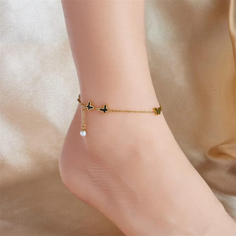 316L Stainless Steel Butterfly Pearl Charm Anklets For Women