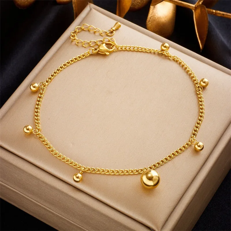 316L Stainless Steel Gold Color Round Beads Charm Anklets For Women