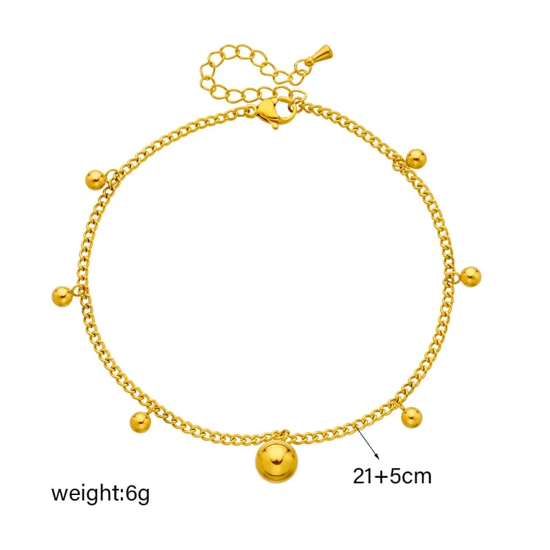 316L Stainless Steel Gold Color Round Beads Charm Anklets For Women