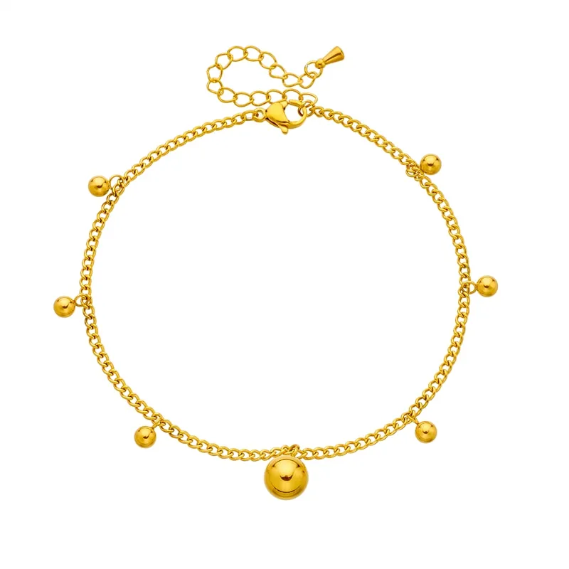 316L Stainless Steel Gold Color Round Beads Charm Anklets For Women