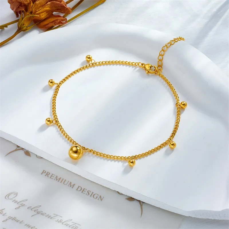 316L Stainless Steel Gold Color Round Beads Charm Anklets For Women