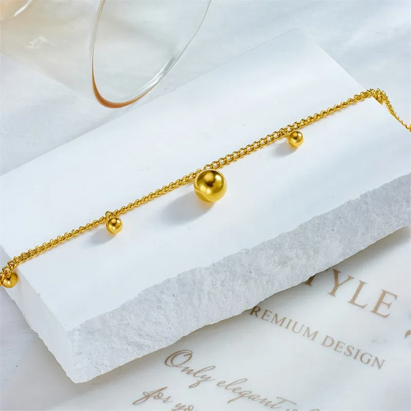 316L Stainless Steel Gold Color Round Beads Charm Anklets For Women