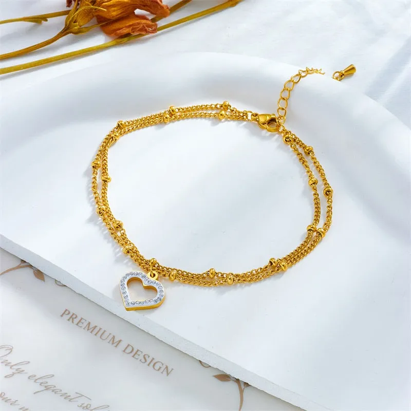 316L Stainless Steel Multilayer Heart Love Charm Anklets For Women