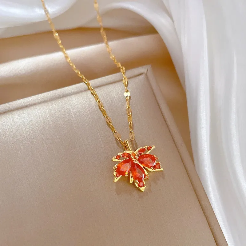 316L Stainless Steel Red Maple Leaf Crystal Pendant Necklace For Women