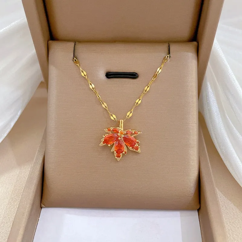 316L Stainless Steel Red Maple Leaf Crystal Pendant Necklace For Women