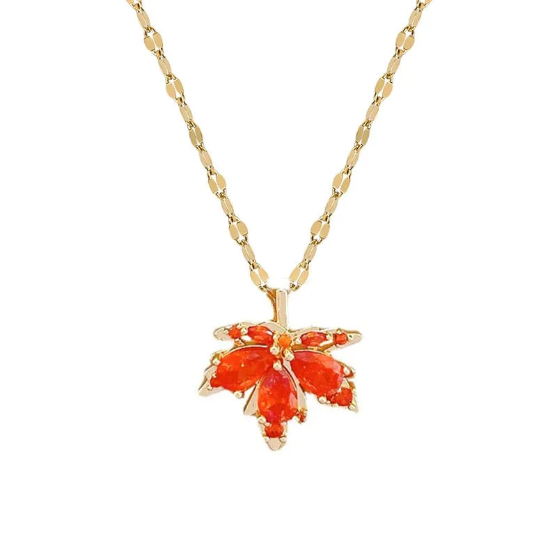 316L Stainless Steel Red Maple Leaf Crystal Pendant Necklace For Women