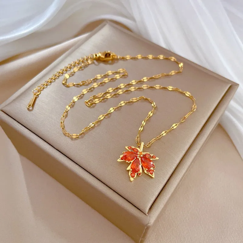 316L Stainless Steel Red Maple Leaf Crystal Pendant Necklace For Women