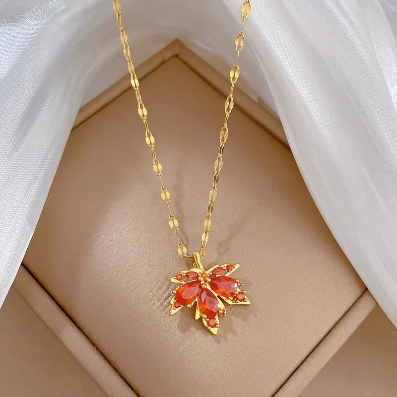 316L Stainless Steel Red Maple Leaf Crystal Pendant Necklace For Women