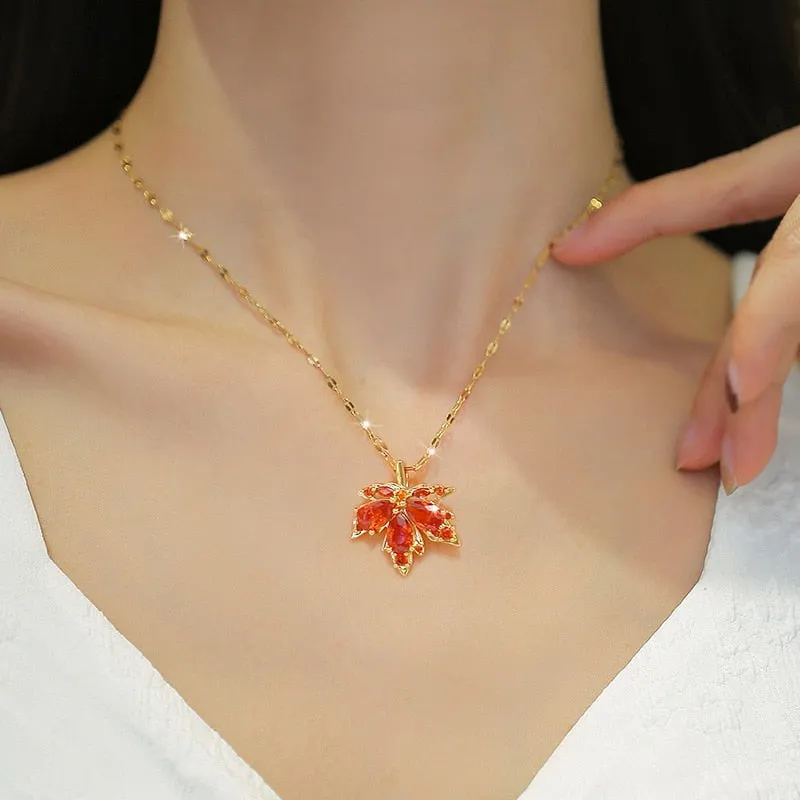 316L Stainless Steel Red Maple Leaf Crystal Pendant Necklace For Women