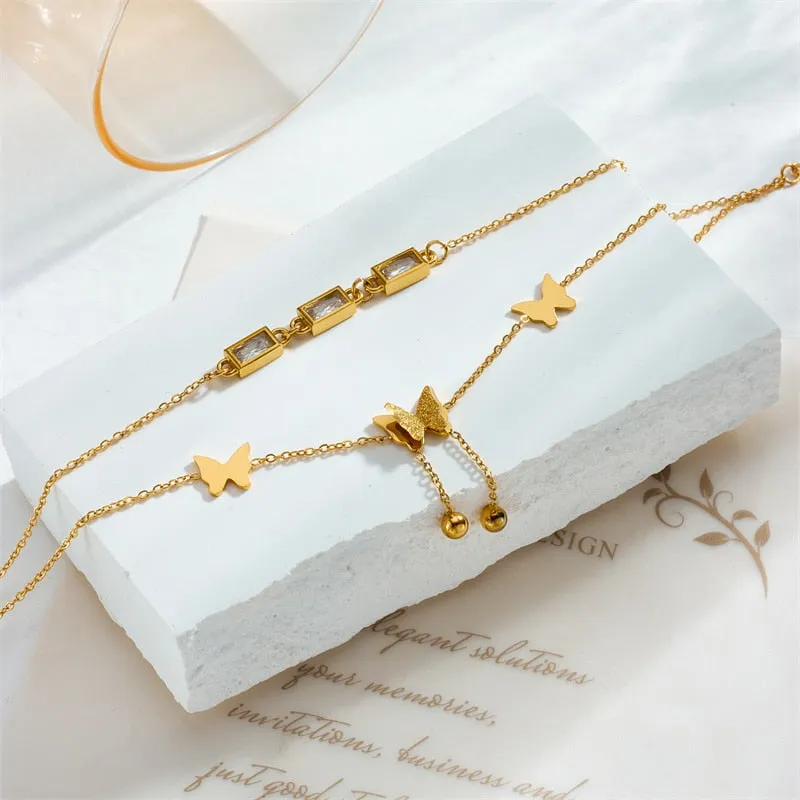 316L Stainless Steel Square Zircon Butterfly Charm Anklets For Women