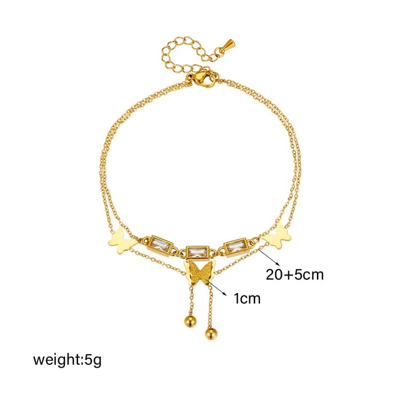 316L Stainless Steel Square Zircon Butterfly Charm Anklets For Women