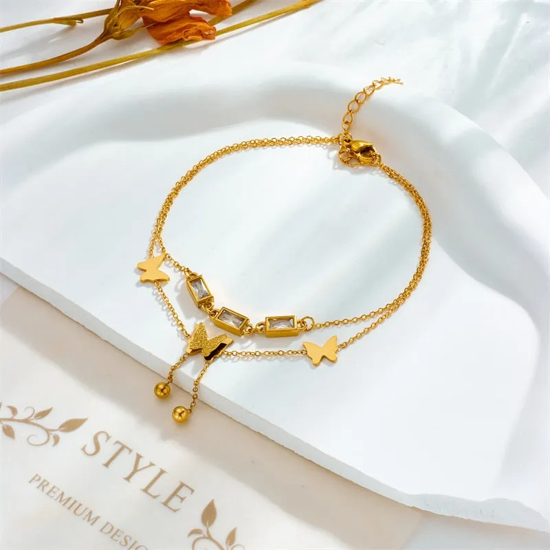 316L Stainless Steel Square Zircon Butterfly Charm Anklets For Women