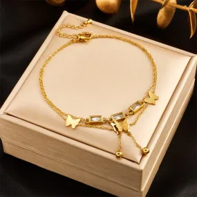 316L Stainless Steel Square Zircon Butterfly Charm Anklets For Women