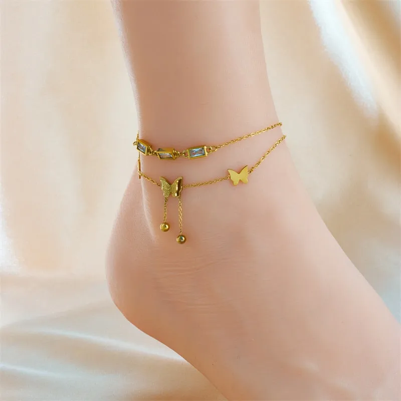 316L Stainless Steel Square Zircon Butterfly Charm Anklets For Women