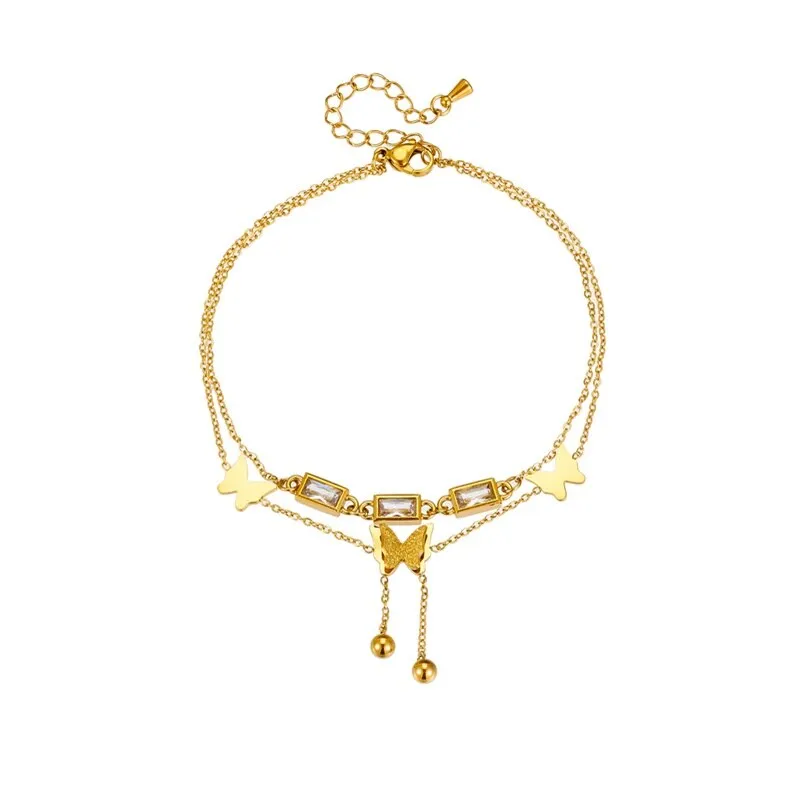 316L Stainless Steel Square Zircon Butterfly Charm Anklets For Women