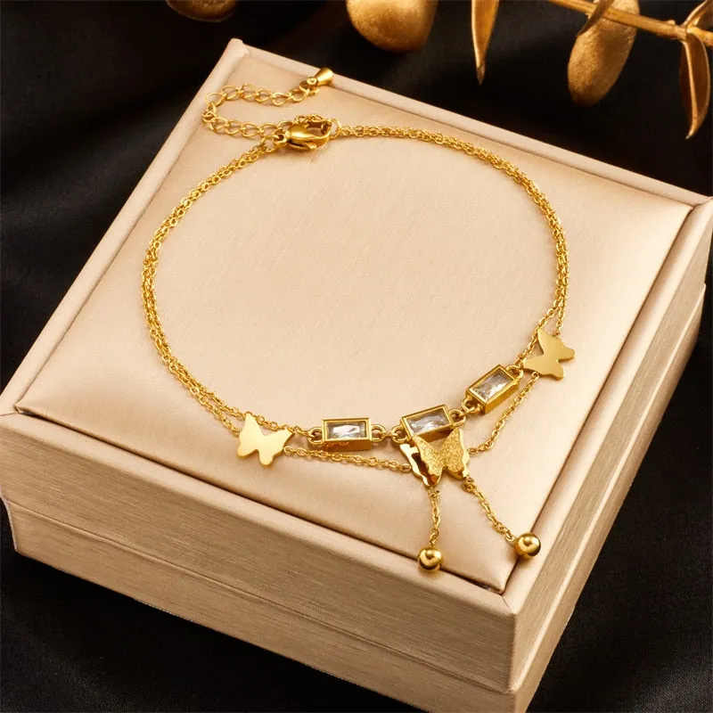 316L Stainless Steel Square Zircon Butterfly Charm Anklets For Women