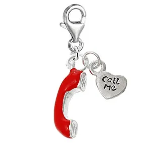 3D Enamel Red Telephone Call Me Clip On Charm Pendant for European Charm Jewelry w/ Lobster Clasp