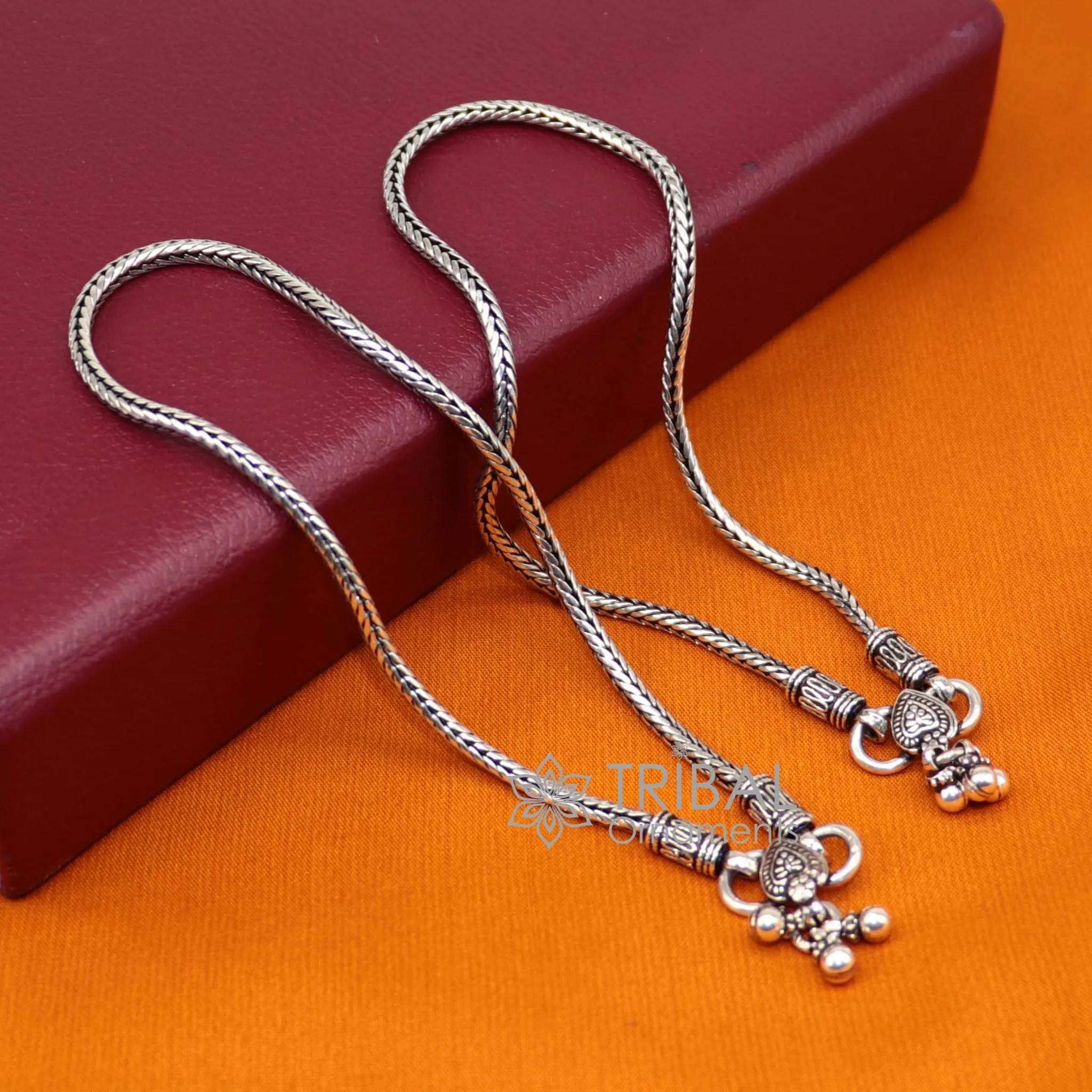 3mm 925 Sterling silver handmade wheat chain ankle bracelet, vintage oxidized charm anklets, tribal belly dance customized jewelry nank575