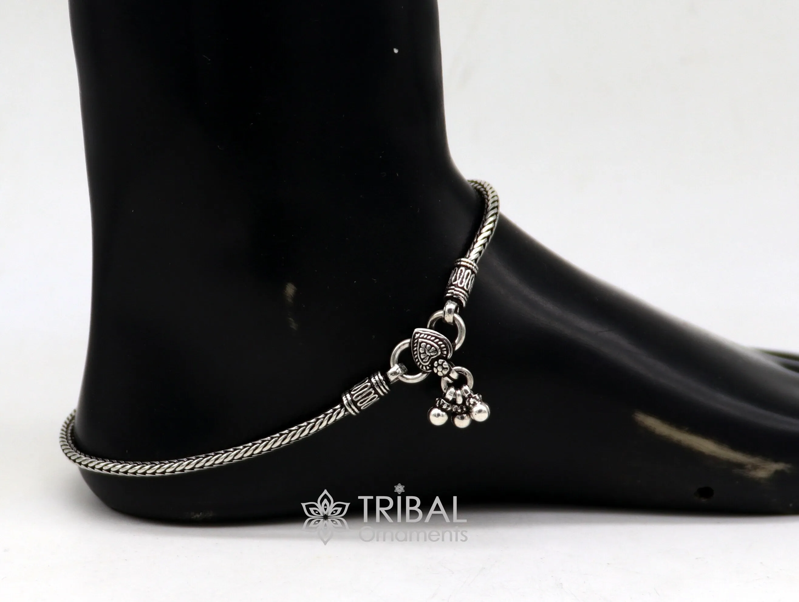 3mm 925 Sterling silver handmade wheat chain ankle bracelet, vintage oxidized charm anklets, tribal belly dance customized jewelry nank575