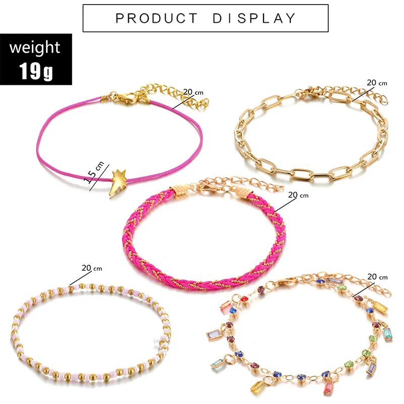 5pcs/sets Colorful Crystal Stone Tassel Anklets Bracelets for Women