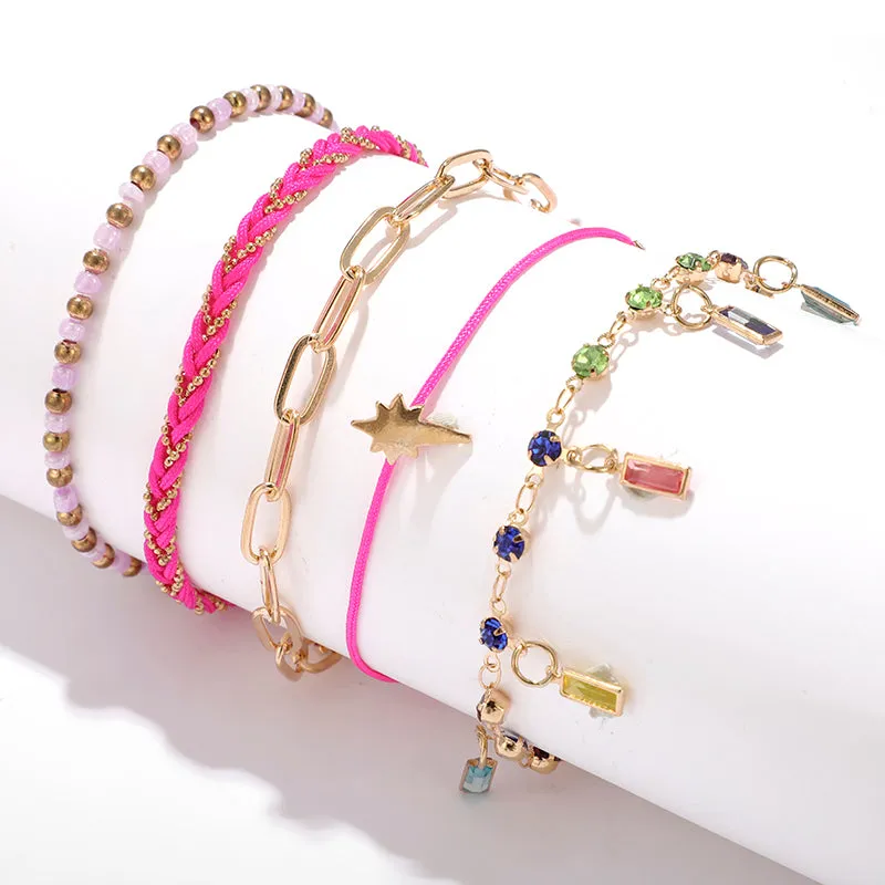 5pcs/sets Colorful Crystal Stone Tassel Anklets Bracelets for Women